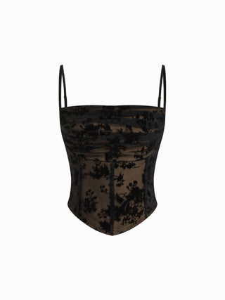 Mesh Abstract Ruched Corset Crop Cami Top