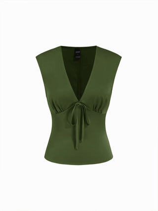 Satin V-Neck Ruched Bowknot Tank Blouse