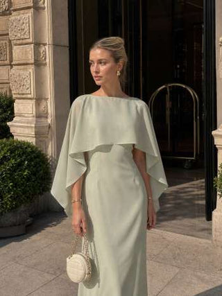 Satin Boat Neck Cloak Sleeve Bolero Flared Maxi Dress