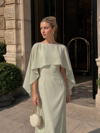 Satin Boat Neck Cloak Sleeve Bolero Flared Maxi Dress