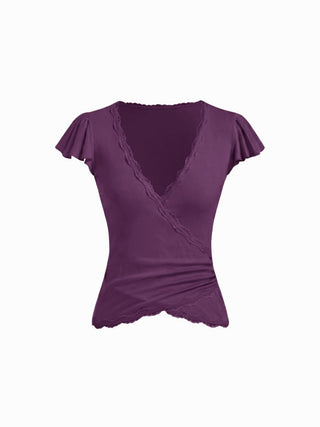V-neck Ruffle Sleeve Lace Trim Drawstring Ruched Top