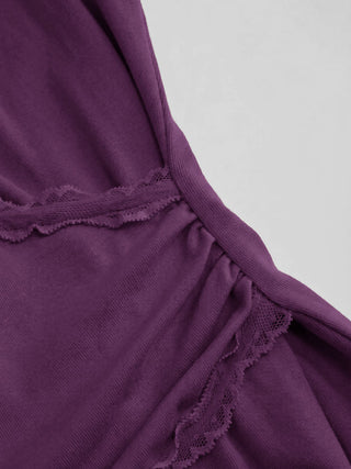V-neck Ruffle Sleeve Lace Trim Drawstring Ruched Top