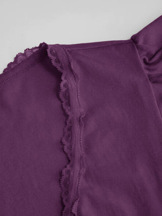 V-neck Ruffle Sleeve Lace Trim Drawstring Ruched Top