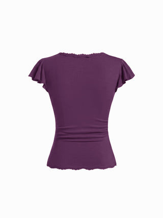 V-neck Ruffle Sleeve Lace Trim Drawstring Ruched Top