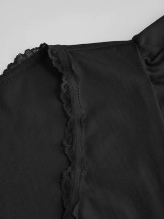 V-neck Ruffle Sleeve Lace Trim Drawstring Ruched Top