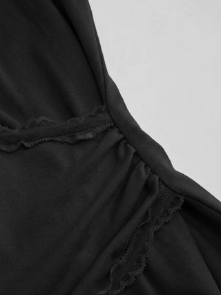 V-neck Ruffle Sleeve Lace Trim Drawstring Ruched Top