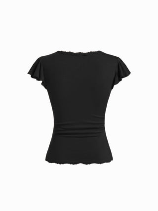 V-neck Ruffle Sleeve Lace Trim Drawstring Ruched Top