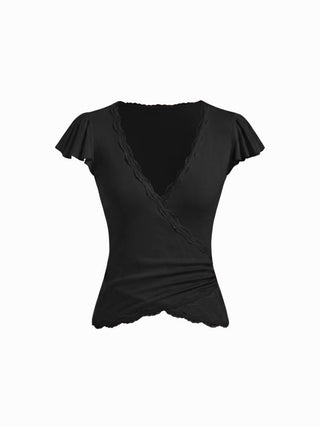 V-neck Ruffle Sleeve Lace Trim Drawstring Ruched Top