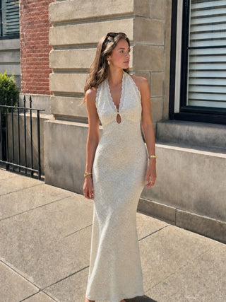 Lace Halter V-neck Cut Out Bowknot A-line Maxi Dress