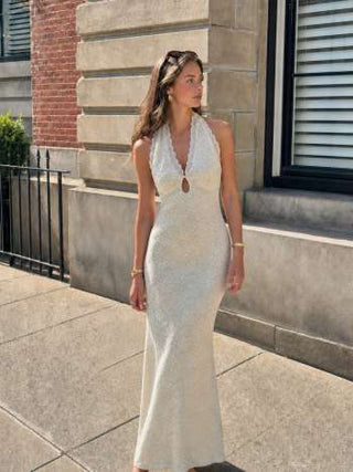 Lace Halter V-neck Cut Out Bowknot A-line Maxi Dress