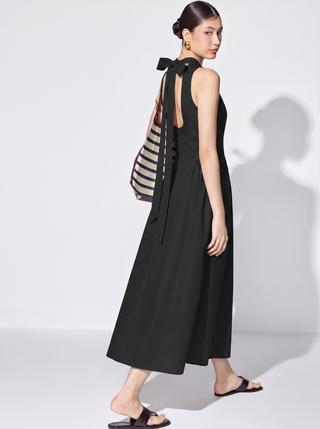 Cotton High Neck Backless Bowknot A-line Maxi Dress
