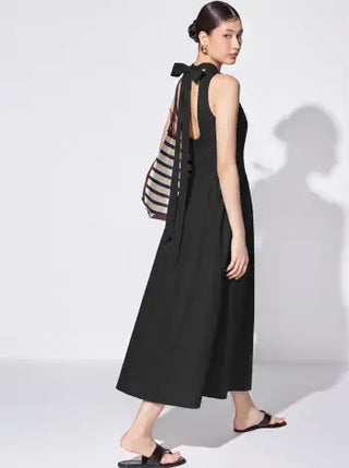 Cotton High Neck Backless Bowknot A-line Maxi Dress