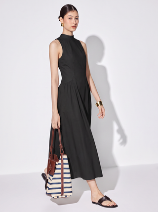 Cotton High Neck Backless Bowknot A-line Maxi Dress