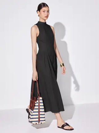 Cotton High Neck Backless Bowknot A-line Maxi Dress