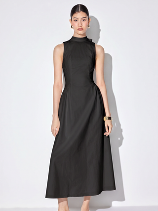 Cotton High Neck Backless Bowknot A-line Maxi Dress