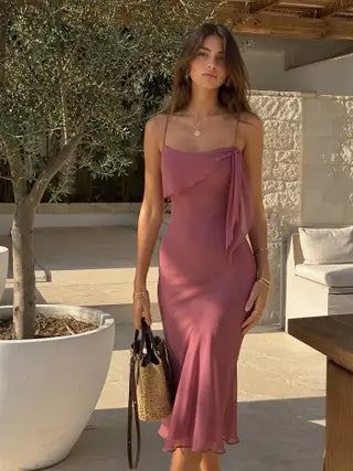 Chiffon Asymmetrical Neck Twist Knotted A-line Midi Dress