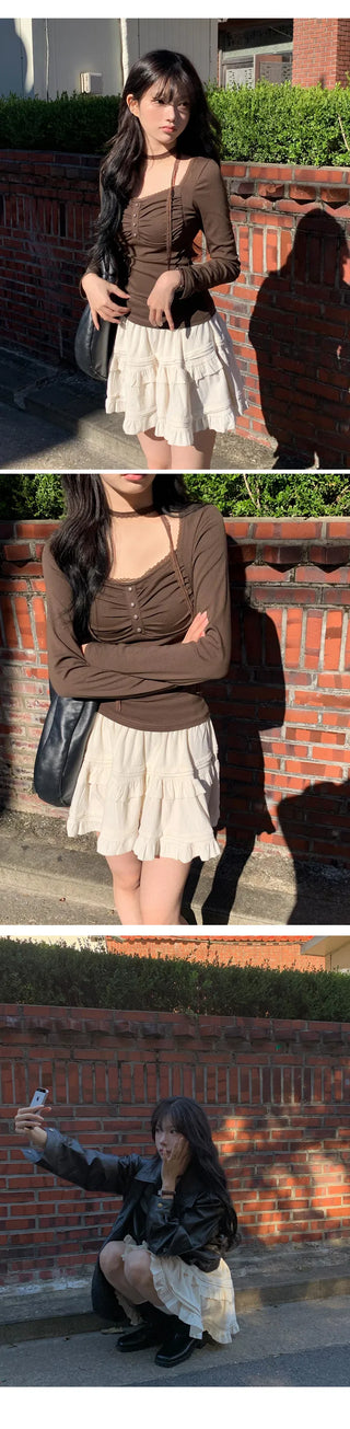 Shirring bean button long sleeve t-shirt - 4 colors