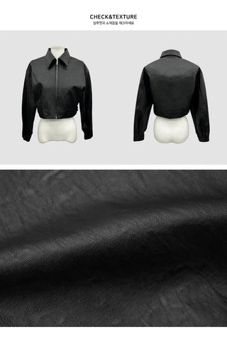 Single-collar half-crop leather jacket - 3 colors