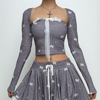 Long sleeve lace bowknot print square neck top