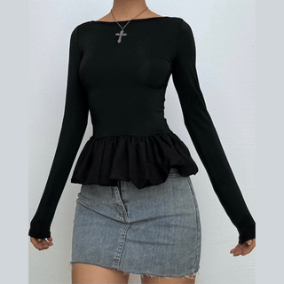 Ruched long sleeve round neck hollow out ruffle cut out top