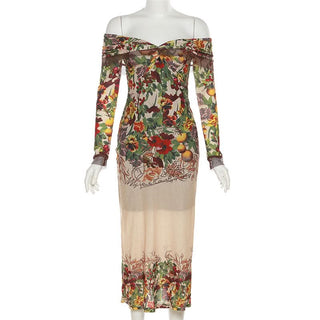 Mesh flower print contrast zip-up off shoulder long sleeve ruched midi dress-final-sale