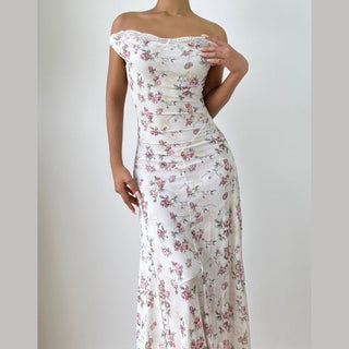 Cowl neck flower print mesh contrast midi dress