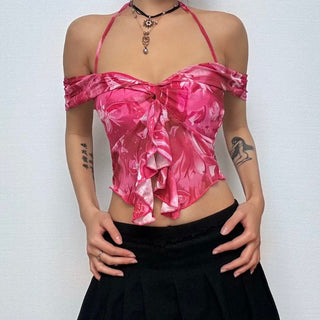Halter off shoulder ruffle flower print top