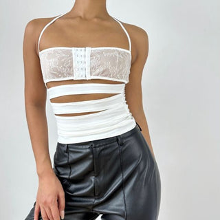 Hollow out square neck halter solid cut out top