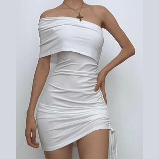 Off shoulder drawstring mini dress