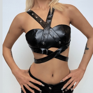 Cross front backless button PU leather hollow out crop cut out top