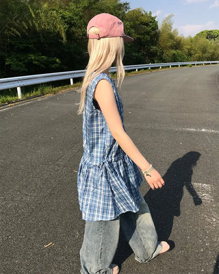 Checkered frill ribbon dress