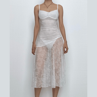 Lace ruched see through cami midi dress