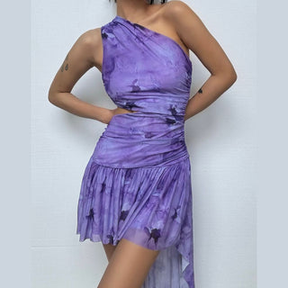 One shoulder hollow out ruched print cut out mini dress