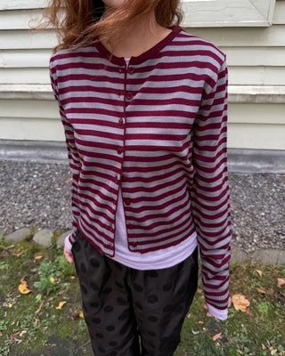 Round neck striped knit cardigan