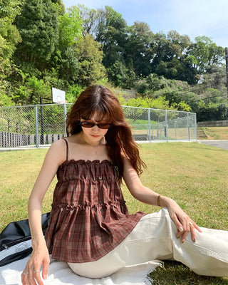 Frilled Shirring Check Sleeveless Dress