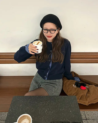 Checked two-tone knit cardigan