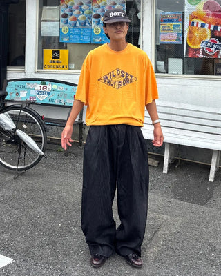 Double-pleated striped slacks