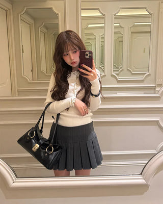 Striped button pleated mini skirt