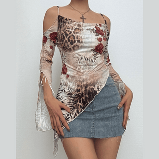 Long sleeve off shoulder irregular print cami top