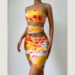 Contrast hollow out ruched tube cut out mini dress