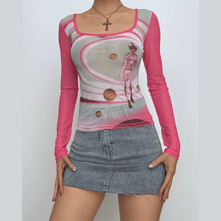 Square neck long sleeve cross back self tie print top