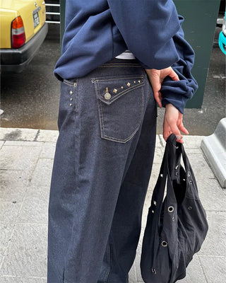 Studded pocket balloon denim pants