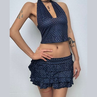 Halter v neck polka dot ruffle mini skirt set