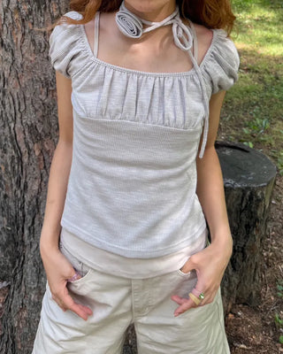 Rose Tie Set Puff Sleeve Gathered Rib Top