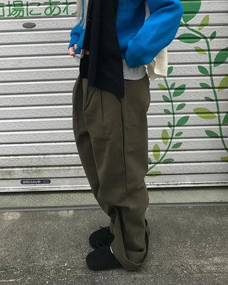 Elastic waistband, two-pleat wide-leg pants