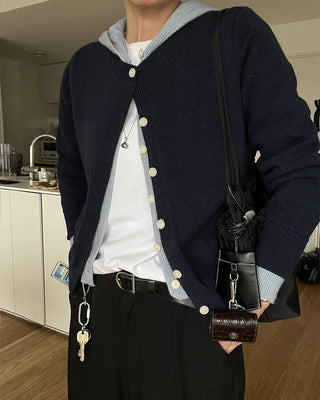 Layered knit hooded cardigan