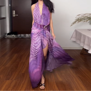 Gradient halter slit mesh maxi dress