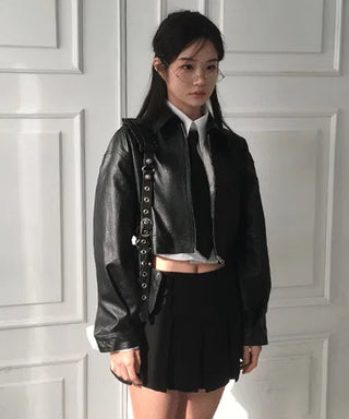 Single-collar half-crop leather jacket - 3 colors