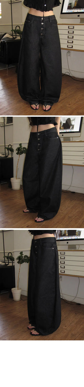 Four-button Wide Balloon Raw Denim - 2 colors