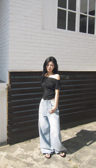 Bio Faded MOMU BASIC shirring short-sleeved off-the-shoulder T-shirt - 3 colors